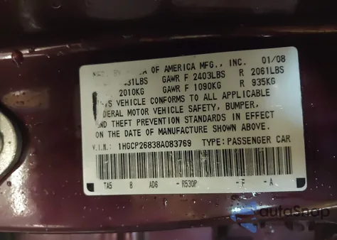 2008 Honda Accord 2.4 Ex-L from USA, damaged, VIN 1HGCP26838A083769